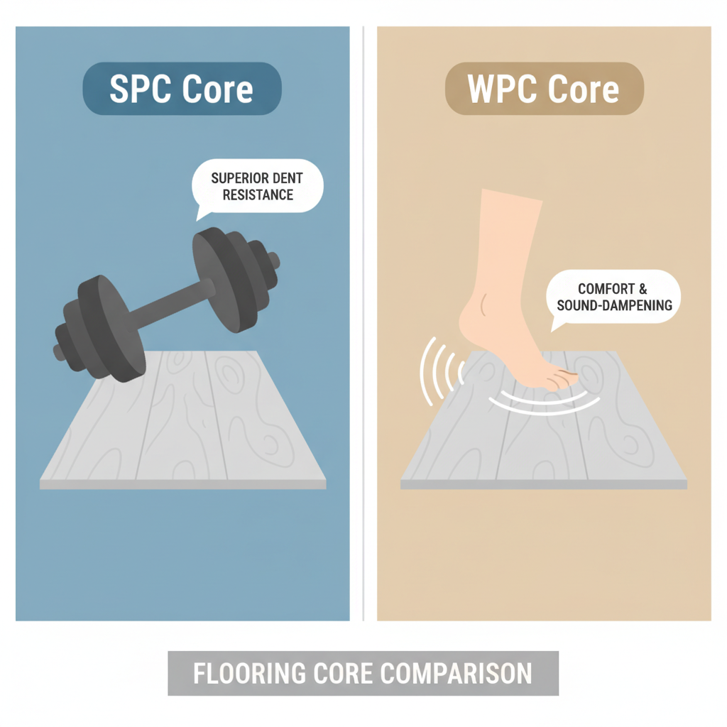 An infographic comparing SPC and WPC flooring cores. The SPC side shows a dumbbell on a plank to represent dent resistance, while the WPC side shows a foot to represent comfort.