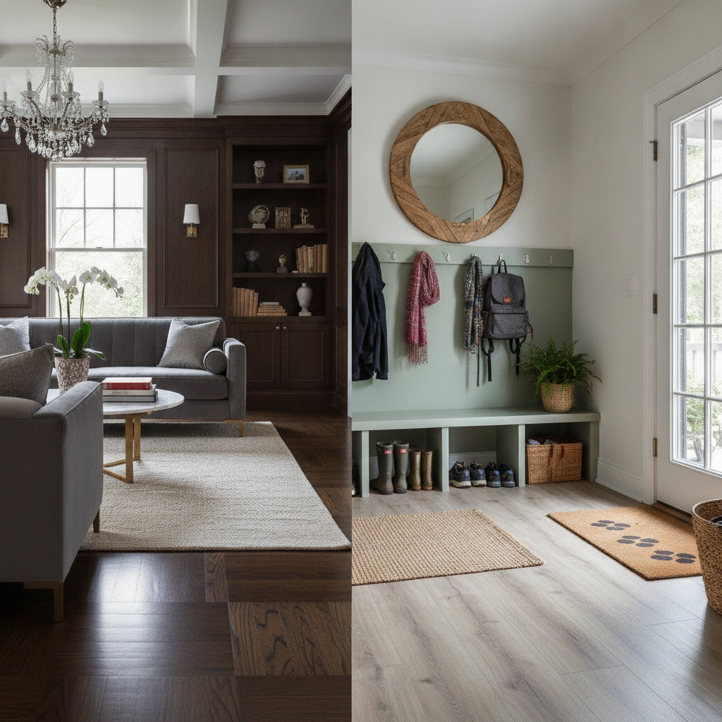 A split-image interior design shot. The left side shows a sophisticated, elegant living room with dark hybrid hardwood flooring, conveying a sense of premium, authentic luxury and adding to home value. The right side shows a bright, practical, and stylish mudroom with a light-colored LVP floor, perfectly handling wet boots and heavy foot traffic. Style: high-end interior design photography, balanced composition, contrasting moods (elegant vs. practical).