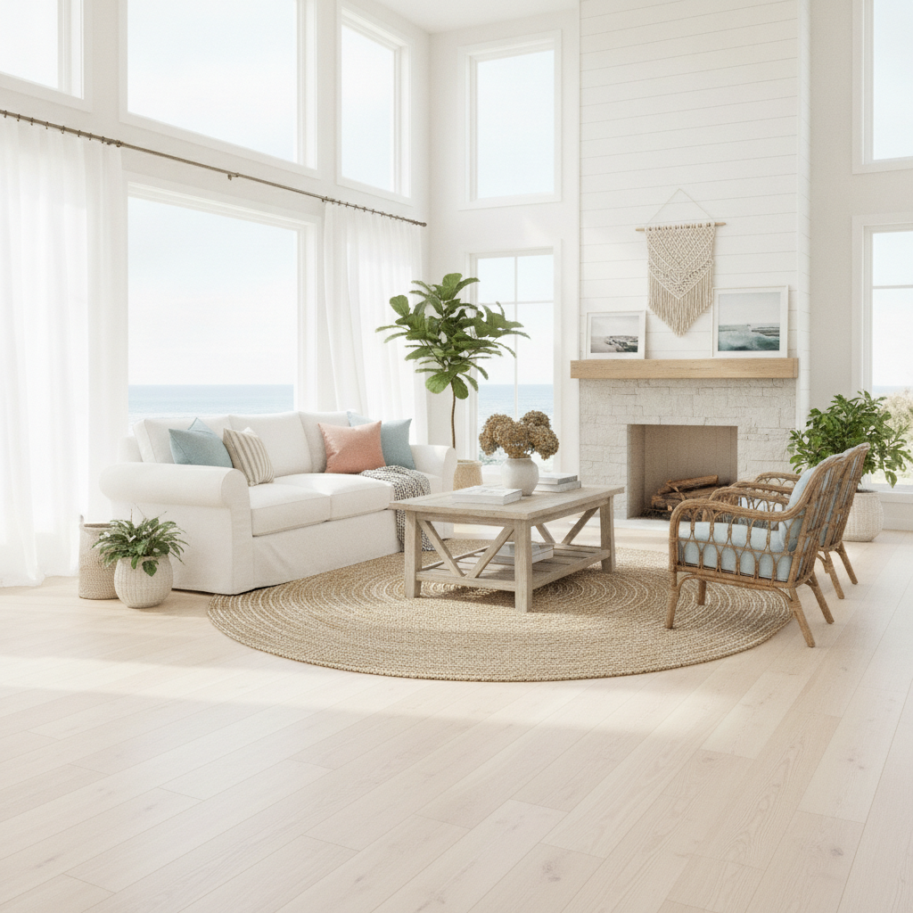 A bright, airy Coastal Farmhouse living room featuring light, wide-plank Bravewood hybrid oak flooring that complements the white linen sofa and natural light.