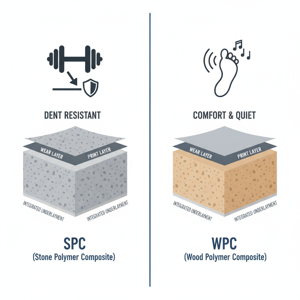 Infographic comparing SPC and WPC flooring cores, showing SPC is denser for dent resistance and WPC is lighter for comfort.