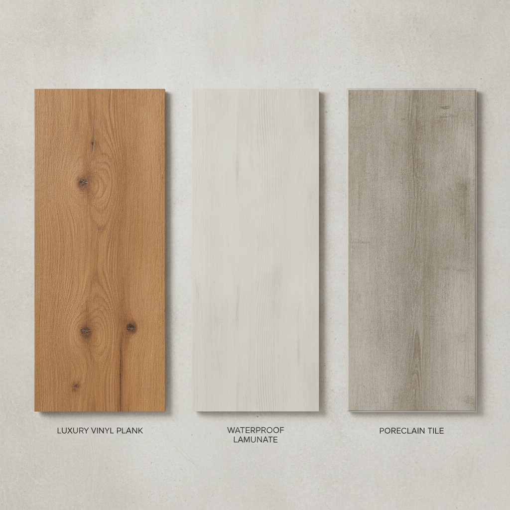 A top-down view of three waterproof wood-look flooring samples: luxury vinyl plank, waterproof laminate, and porcelain tile, arranged for comparison.