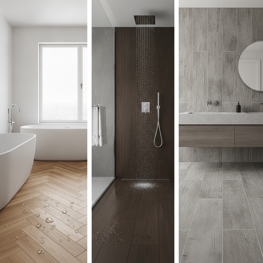 A side-by-side comparison of three waterproof bathroom flooring options: hybrid hardwood, luxury vinyl plank (LVP), and wood-look porcelain tile.