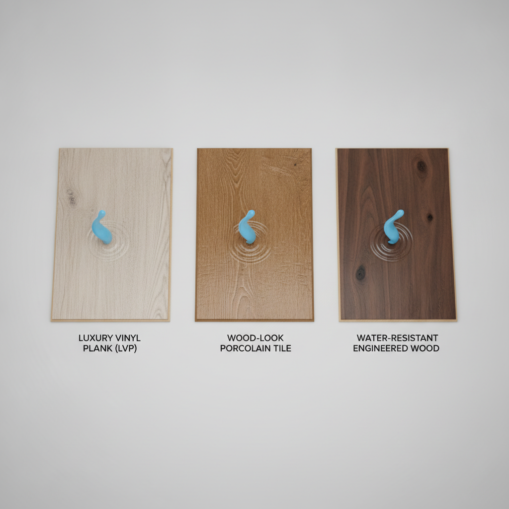 A 3D render comparing three waterproof wood-look flooring options: Luxury Vinyl Plank, porcelain tile, and engineered wood, with a water droplet on each.