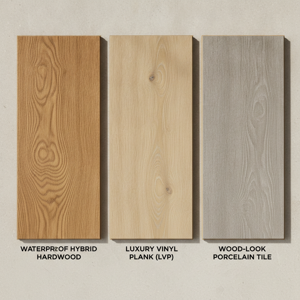 Side-by-side comparison of three waterproof flooring samples: hybrid hardwood, luxury vinyl plank (LVP), and wood-look porcelain tile.
