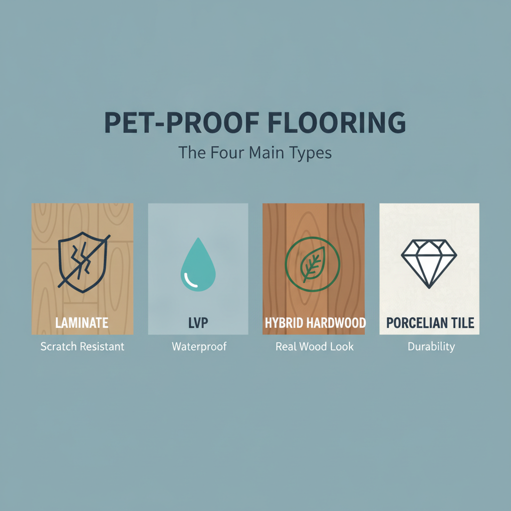 Infographic comparing four pet-proof flooring options: Laminate with a shield icon, LVP with a water droplet, Hybrid Hardwood with a leaf icon, and Porcelain Tile with a diamond icon.