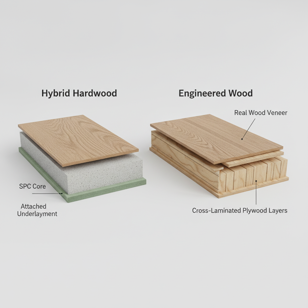 A detailed 3D cross-section diagram comparing two flooring planks. The left plank, labeled 'Hybrid Hardwood,' shows a real wood veneer, a thick SPC core, and an underlayment. The right plank, labeled 'Engineered Wood,' shows a thicker wood veneer over cross-laminated plywood layers.