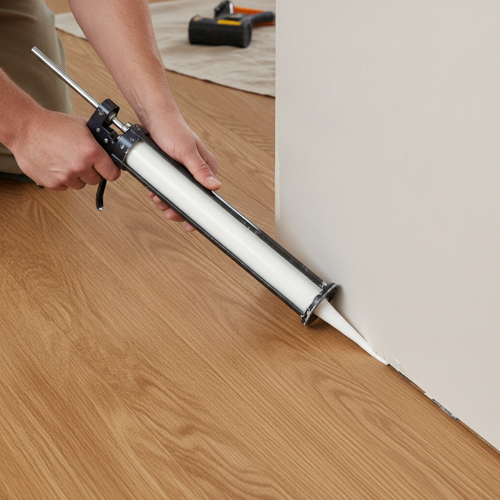 An instructional, clear photo showing a person applying a bead of 100% silicone sealant from a caulking gun into the 1/4-inch expansion gap between the newly installed hardwood floor and the wall. The baseboard is removed to clearly show the process. The image should be well-lit and focused on the action, emphasizing this crucial waterproofing step. Style: photorealistic, clean, and educational.