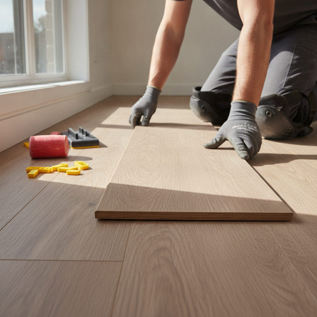 A low-angle view of hands carefully clicking a hybrid hardwood plank into place, with installation tools like a mallet and spacers visible nearby.