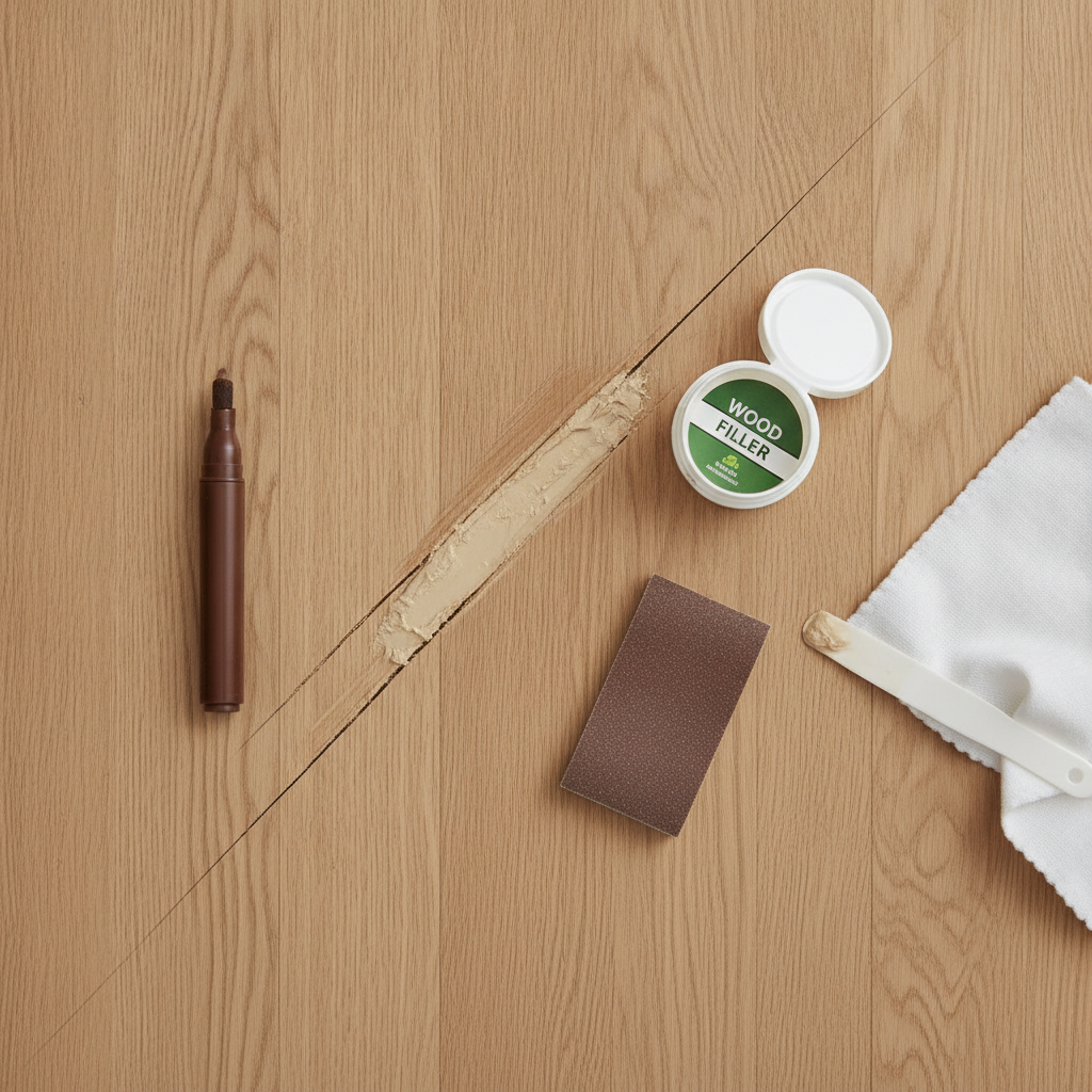 A top-down view of a DIY repair kit including a stain marker, wood filler, and sandpaper on a scratched wood floor.