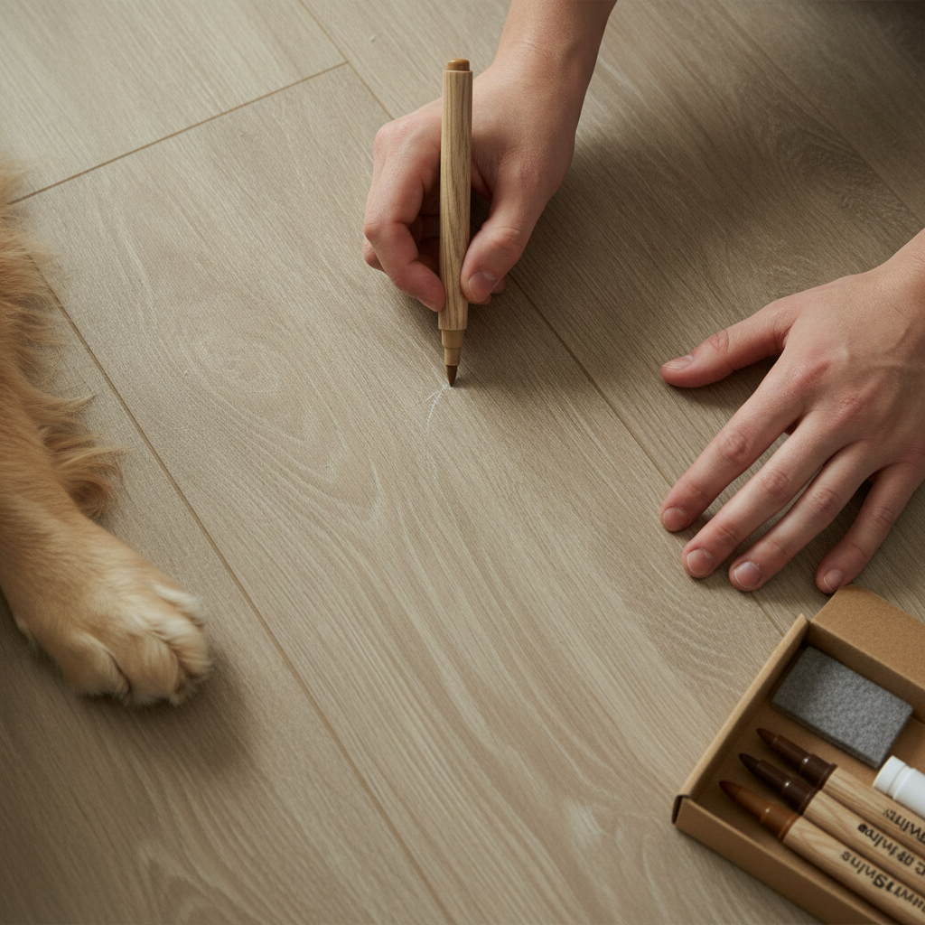 Close-up photo of hands using a repair marker to fix a scratch on a luxury vinyl plank floor, demonstrating a DIY solution for pet damage.