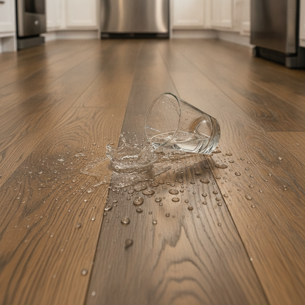 A glass of water spilling and beading up on a waterproof hybrid hardwood floor, demonstrating its ability to prevent liquid from seeping into the seams.