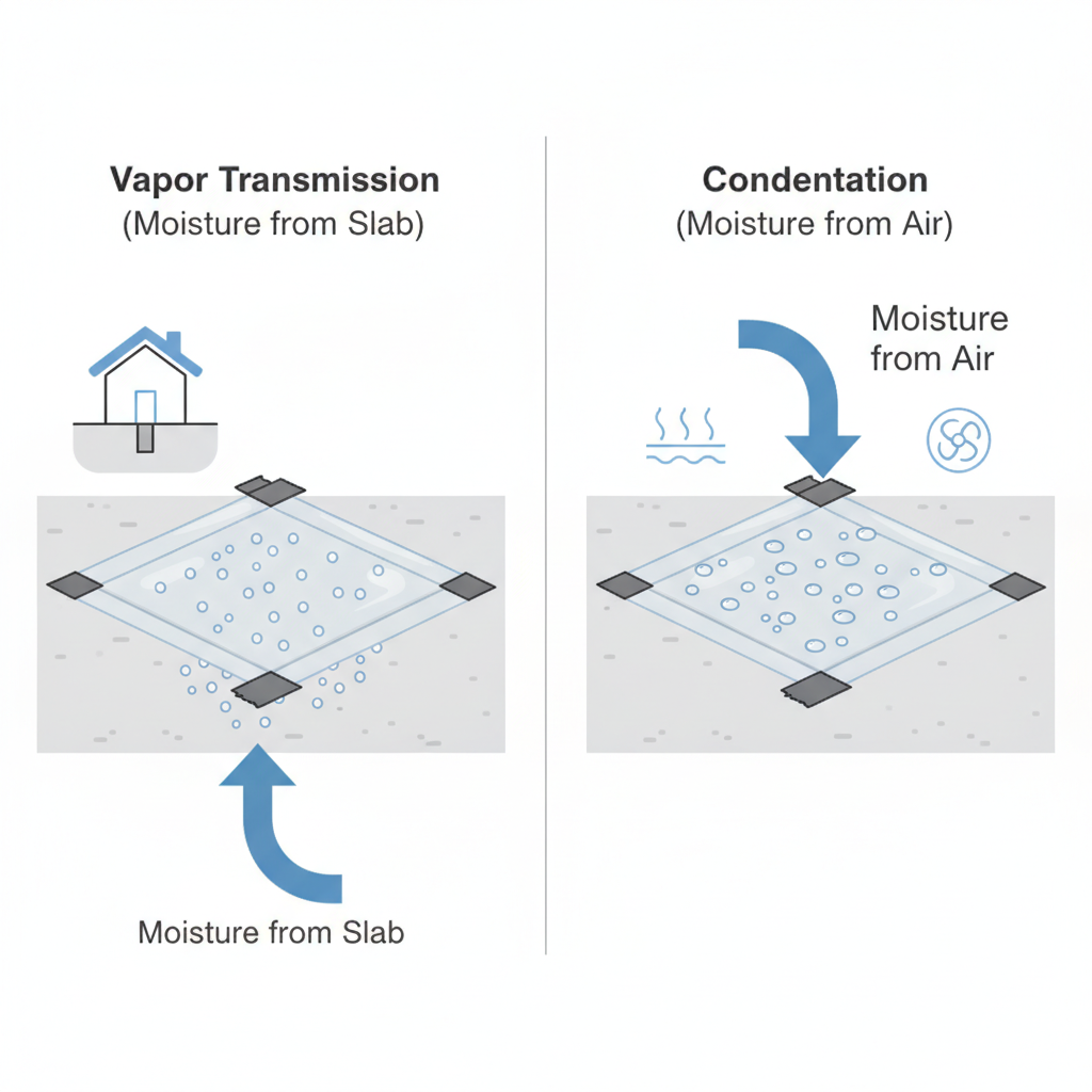 Infographic of the plastic sheet test on a concrete floor, showing how to identify vapor transmission versus condensation.
