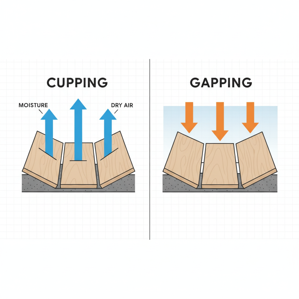A diagram comparing 'cupping' in hardwood floors, caused by moisture from below, to 'gapping,' caused by dry air and shrinkage.