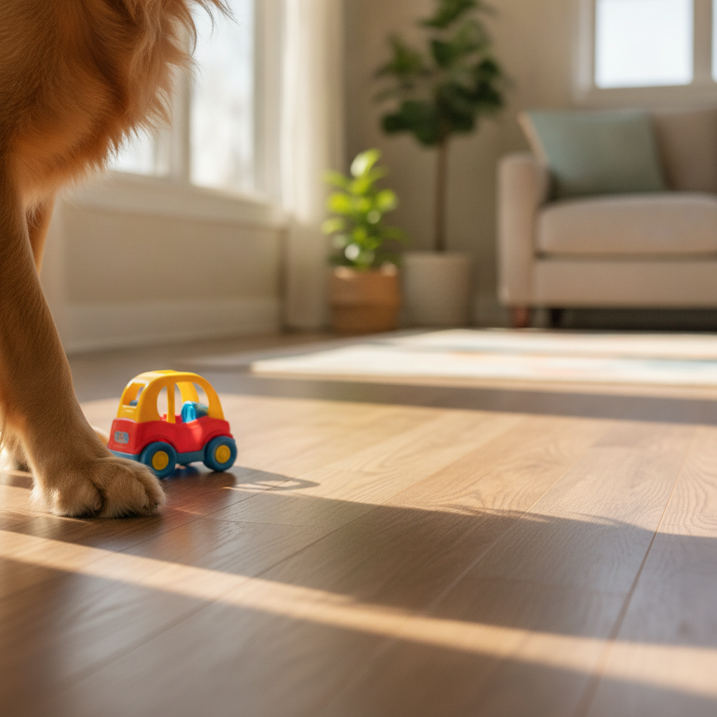 A golden retriever's paw and a toy car on a scratch-free hybrid hardwood floor, illustrating the floor's durability for pets and kids.