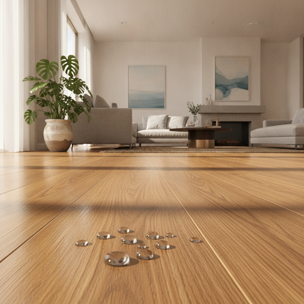 A sunlit living room with newly installed waterproof hybrid hardwood floors, showing water beading on the surface to demonstrate its durability.