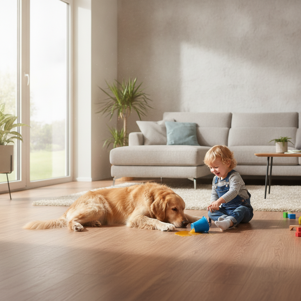 Durable Flooring Built for Family Life A dog and a toddler with a spilled drink on a durable waterproof hybrid hardwood floor, which remains undamaged.