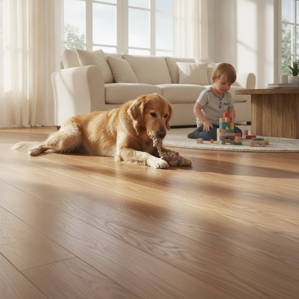 A golden retriever and a child playing on a durable, wire-brushed oak Bravewood floor in a sunlit living room, showing its resilience.
