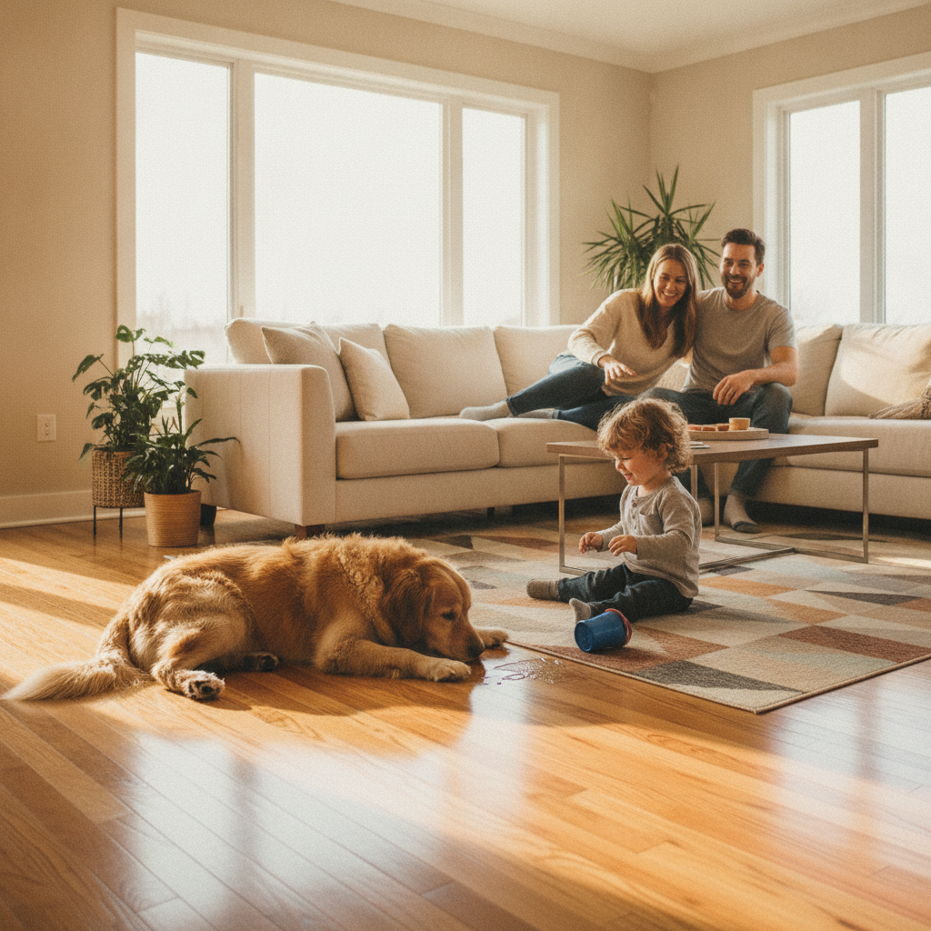 A family with a child and a dog relaxing in a living room with durable hybrid flooring, unconcerned by a small spill.