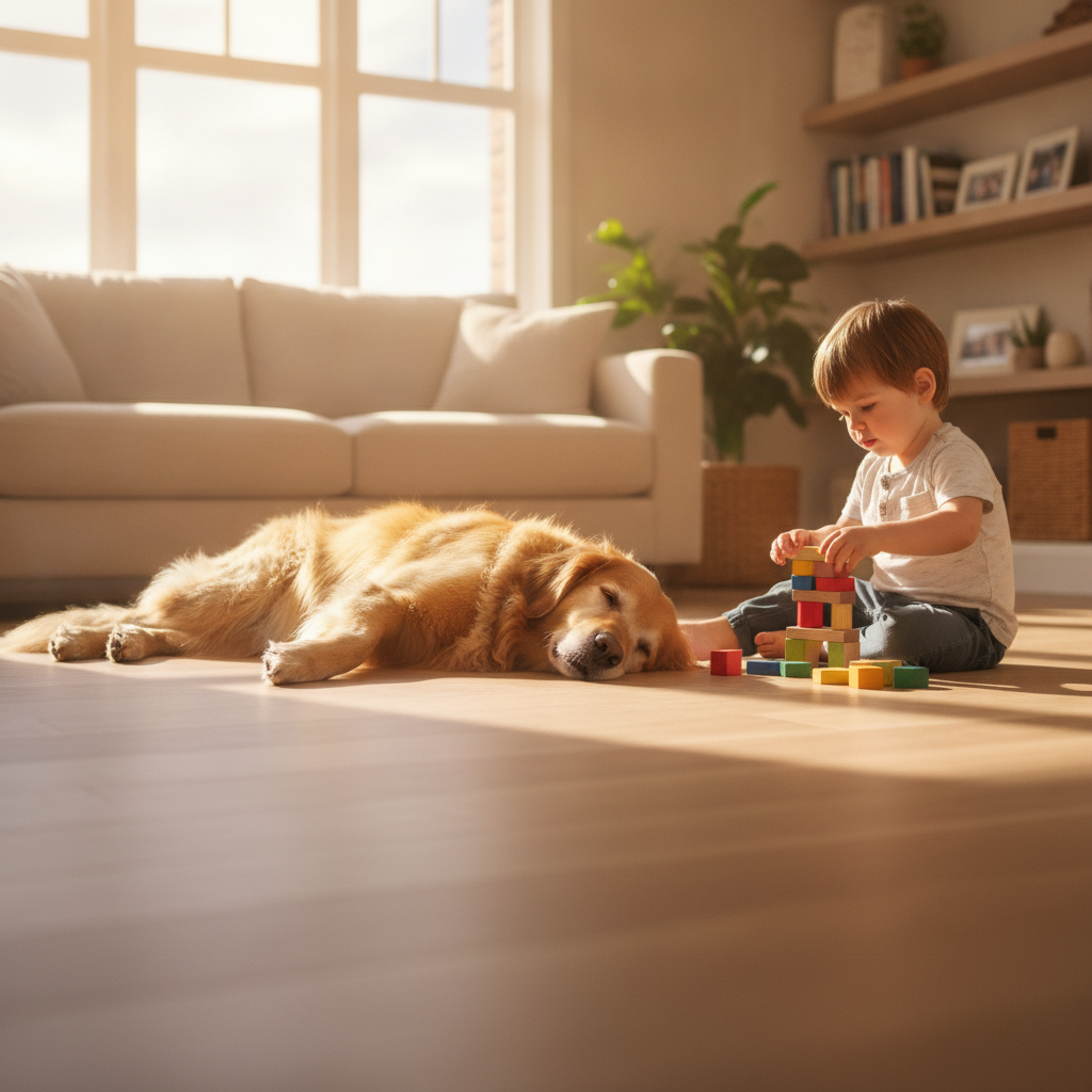 A golden retriever and a child playing on a durable hybrid hardwood floor, which remains unscratched, showcasing its suitability for families with pets.