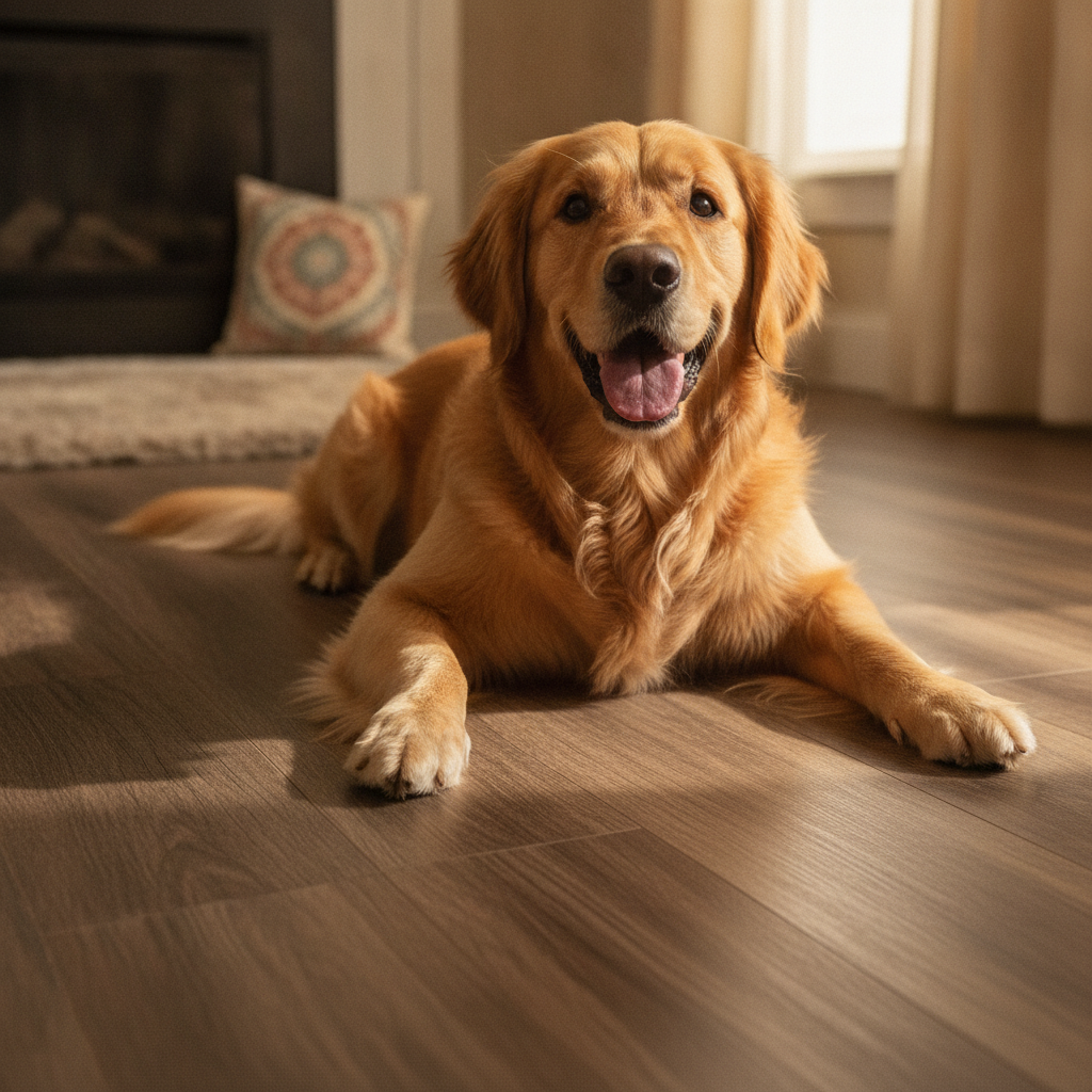 A happy golden retriever lying on a durable, scratch-free hybrid floor, demonstrating its pet-friendly qualities.