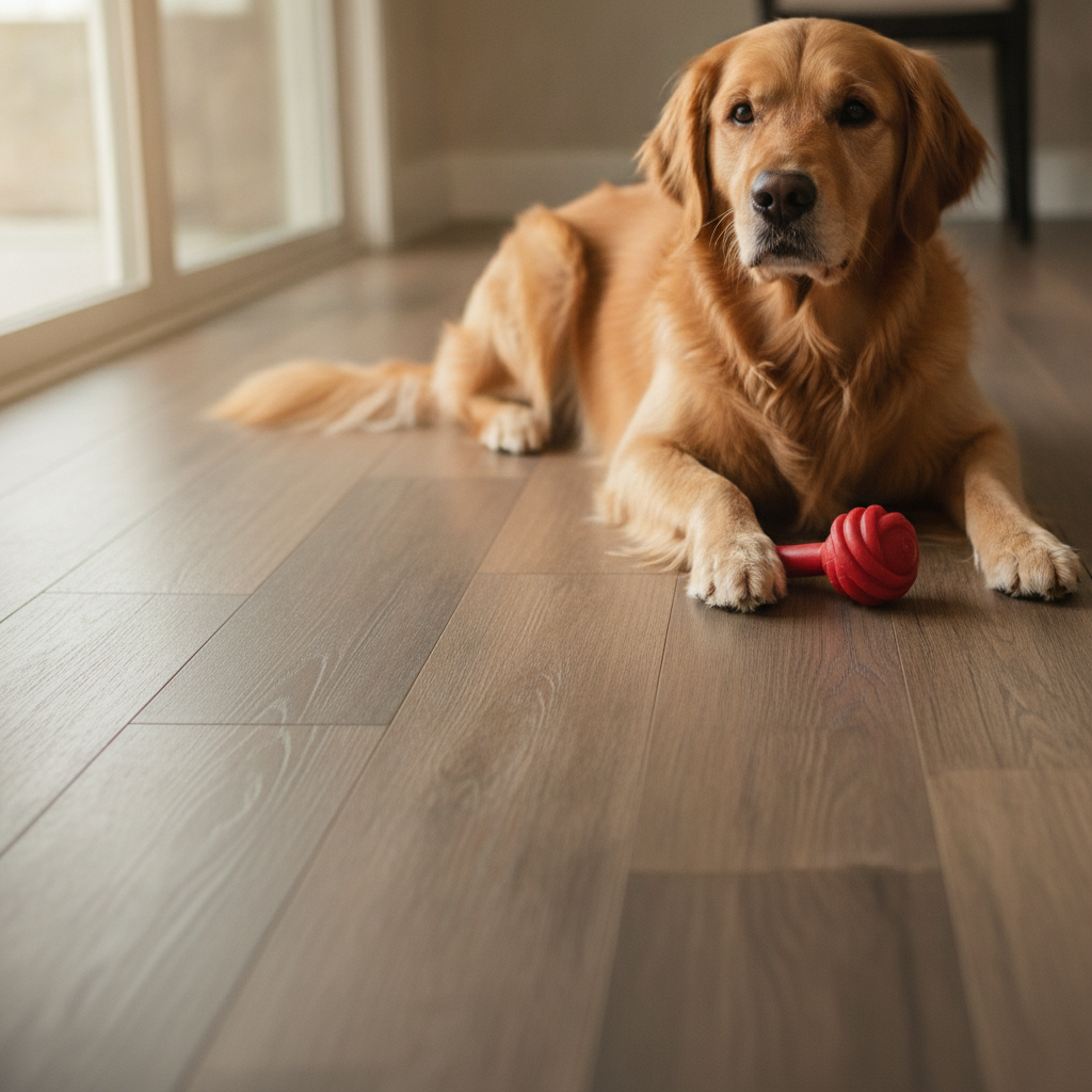 A happy golden retriever lies on a durable, pet-proof hybrid hardwood floor, which shows no scratches from the dog's paws.