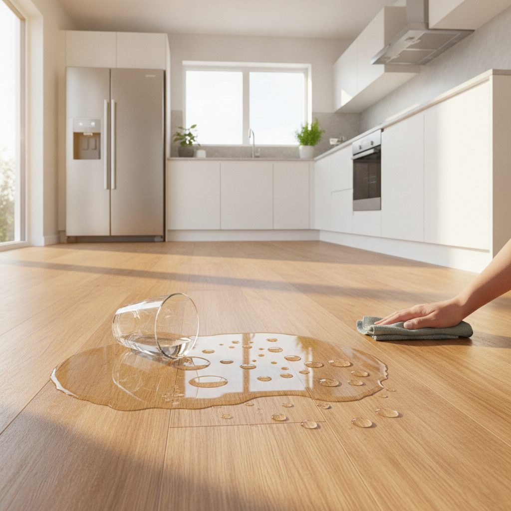 A modern kitchen with durable SPC hybrid flooring where spilled water beads up on the surface, demonstrating its waterproof quality.