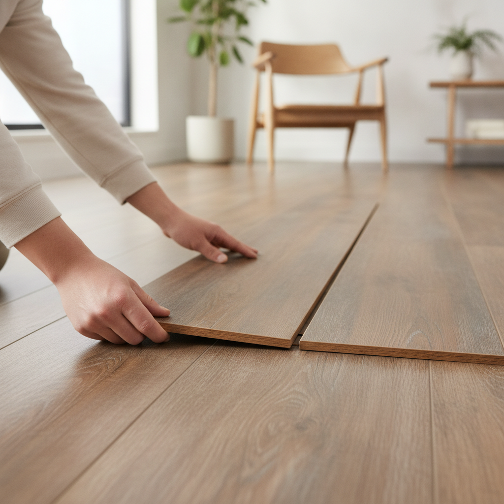 Close-up of a person's hands easily clicking a waterproof hybrid hardwood plank into place, demonstrating the simple DIY click-lock installation system.