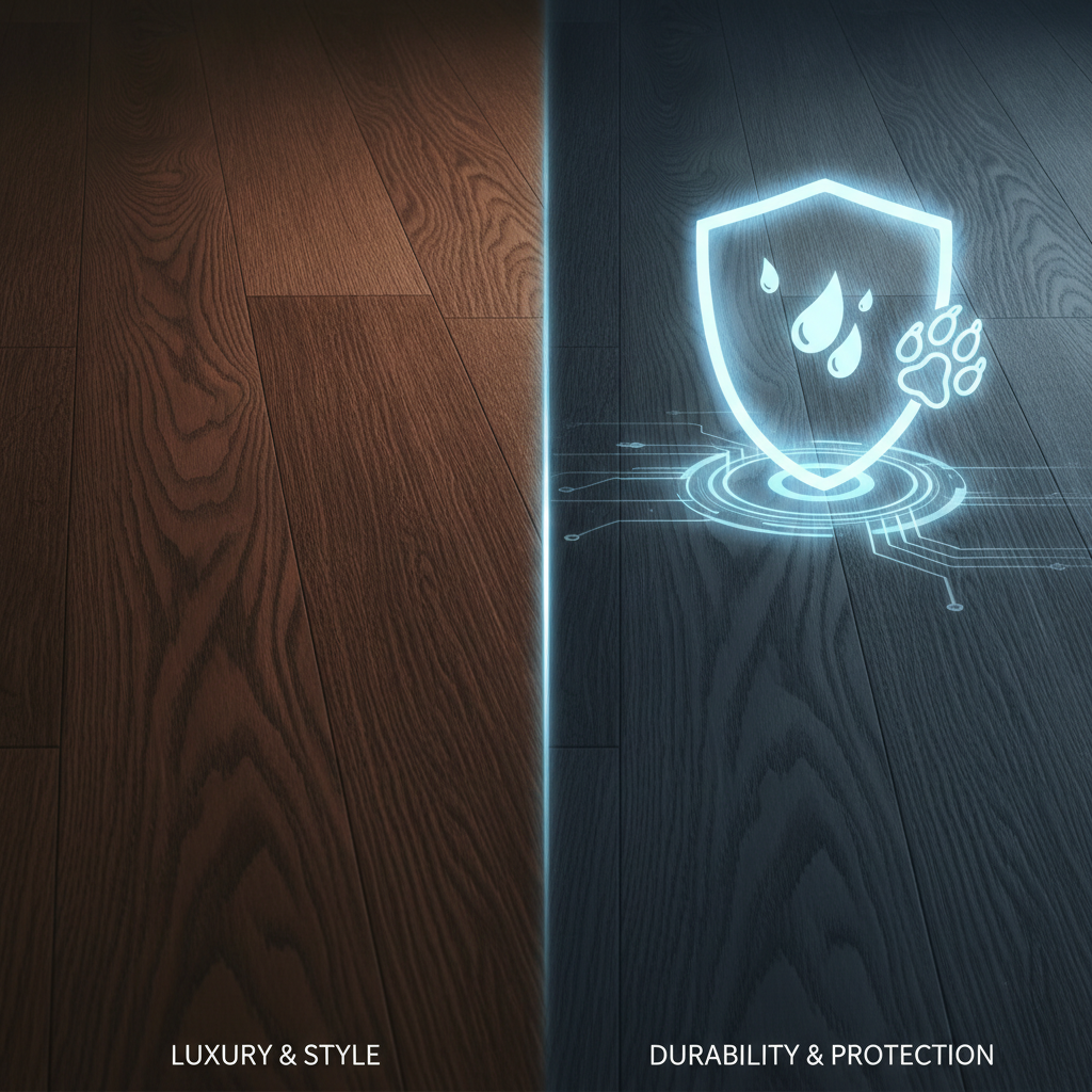 Conceptual split-screen image showing elegant wood grain on the left and a protective shield deflecting water and a claw icon on the right, symbolizing hybrid hardwood's elegance and durability.