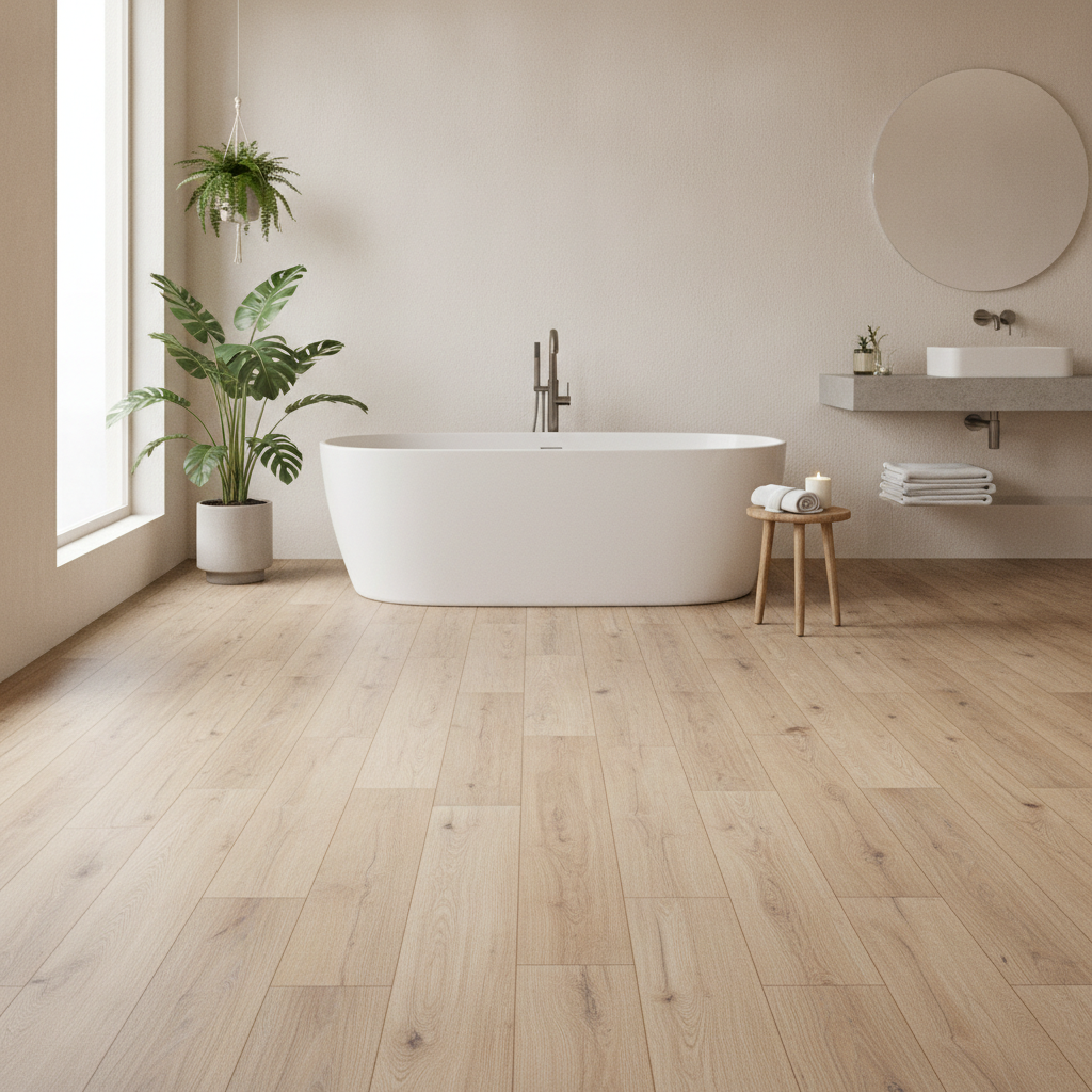 A serene, spa-like bathroom featuring a freestanding tub on elegant, light-toned luxury vinyl plank flooring, showcasing a waterproof solution for wet areas.