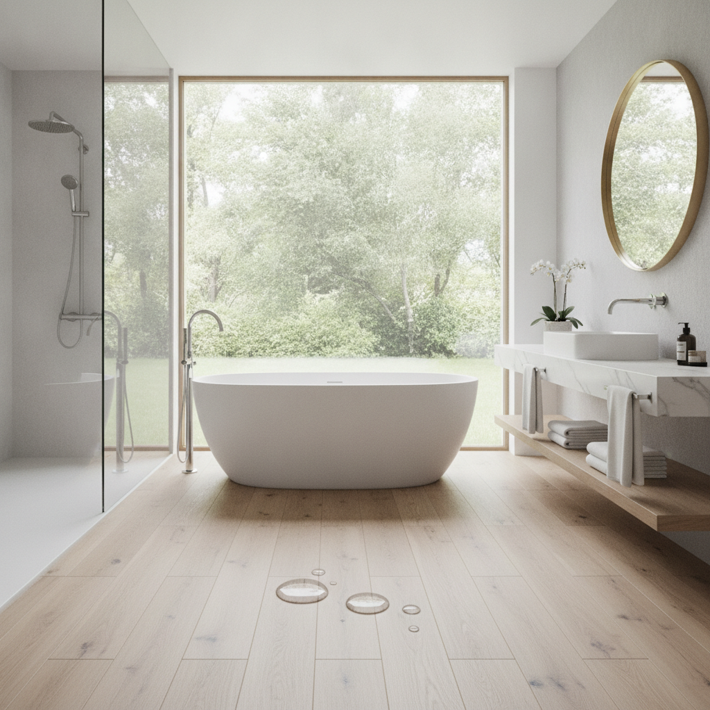 A stunning, photorealistic shot of a bright and modern luxury bathroom. The floor is a beautiful waterproof hybrid hardwood in a light oak finish. A freestanding white bathtub sits on the floor, and a few drops of water are beaded up on the planks nearby, glistening in the natural light from a large window. The mood is serene, clean, and spa-like, demonstrating elegance in a high-moisture environment.