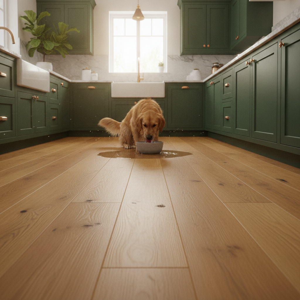 A modern kitchen with dark green cabinets and a natural oak hybrid hardwood floor, with a golden retriever drinking from a water bowl on the floor.