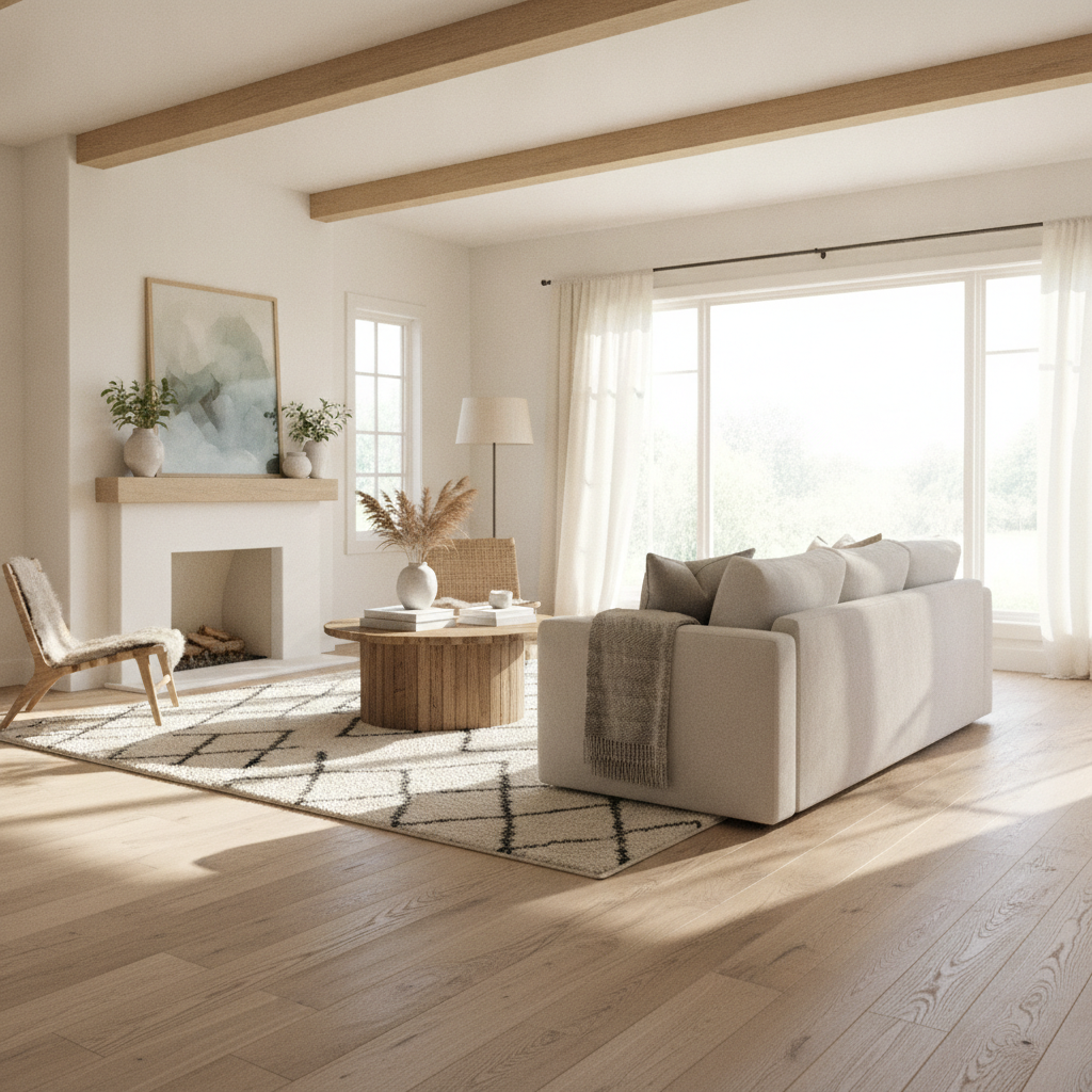 A sun-drenched living room with Scandinavian design, featuring wide-plank, light-toned hybrid hardwood flooring that enhances the airy and peaceful aesthetic.