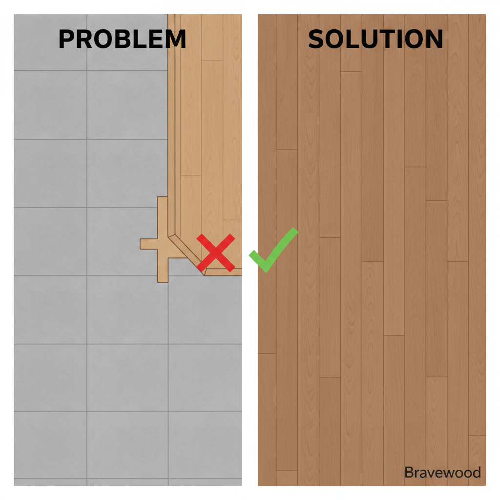 A split-screen comparison showing a floor with an awkward T-molding transition on the left, and a seamless continuous hardwood floor on the right, labeled 'Problem' and 'Solution'.