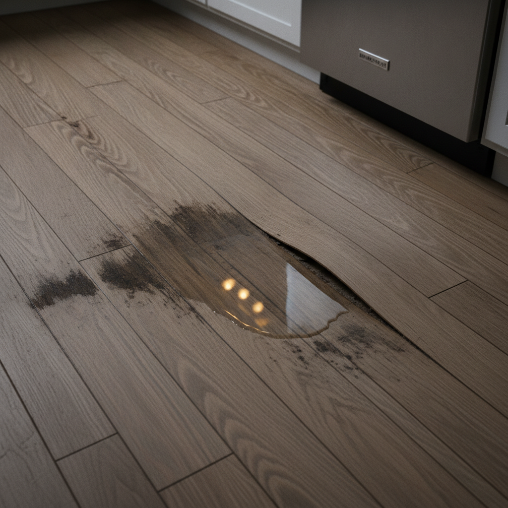 Close-up of a severely water-damaged hardwood kitchen floor with cupped and buckled planks and dark stains, illustrating an emergency leak situation.