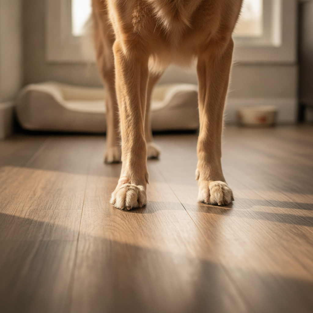 A close-up, low-angle photo of a senior dog's paws on a textured floor, emphasizing the importance of high-traction surfaces for pet joint health and safety.