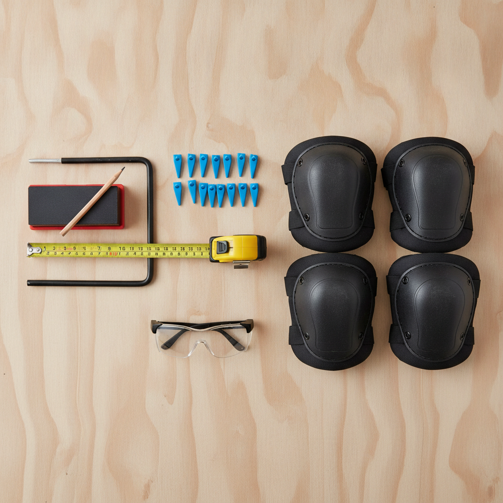 A clean, organized flat lay (knolling) of essential flooring installation tools on a clean plywood subfloor background. The shot should include a tape measure, a flooring installation kit (tapping block, pull bar, spacers), a pencil, safety glasses, and knee pads. The lighting should be bright and even, giving a professional, organized, and approachable feel for a DIY project. Style: photorealistic, top-down view, minimalist composition.