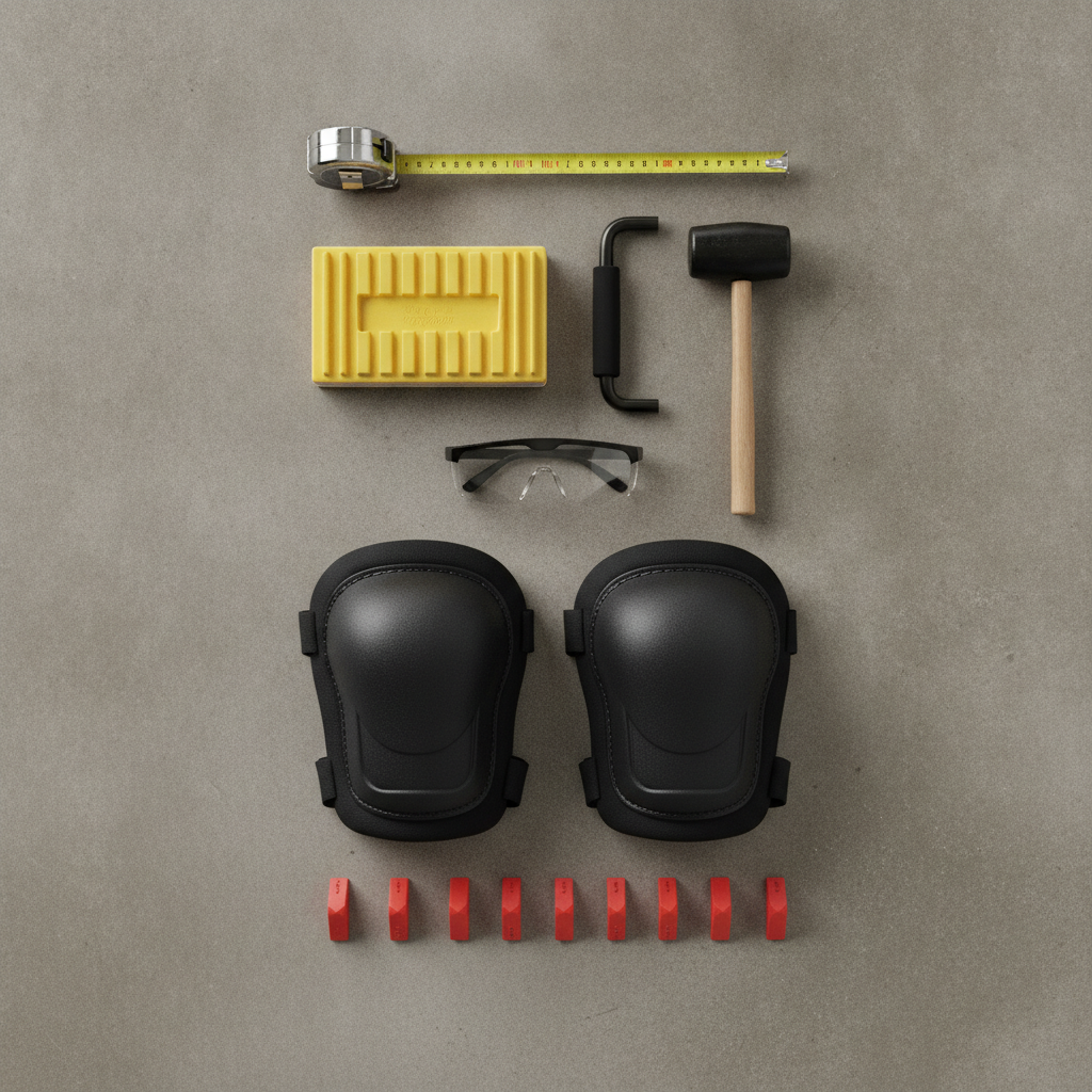 An organized flat lay of essential DIY flooring tools, including a tape measure, tapping block, pull bar, mallet, safety glasses, and spacers.