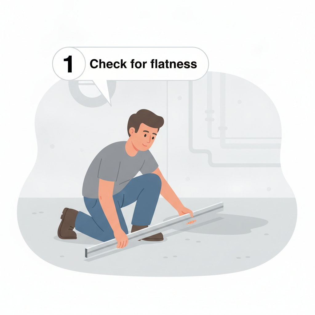 Illustration of subfloor preparation steps: checking for flatness, applying self-leveler, and installing a vapor barrier.