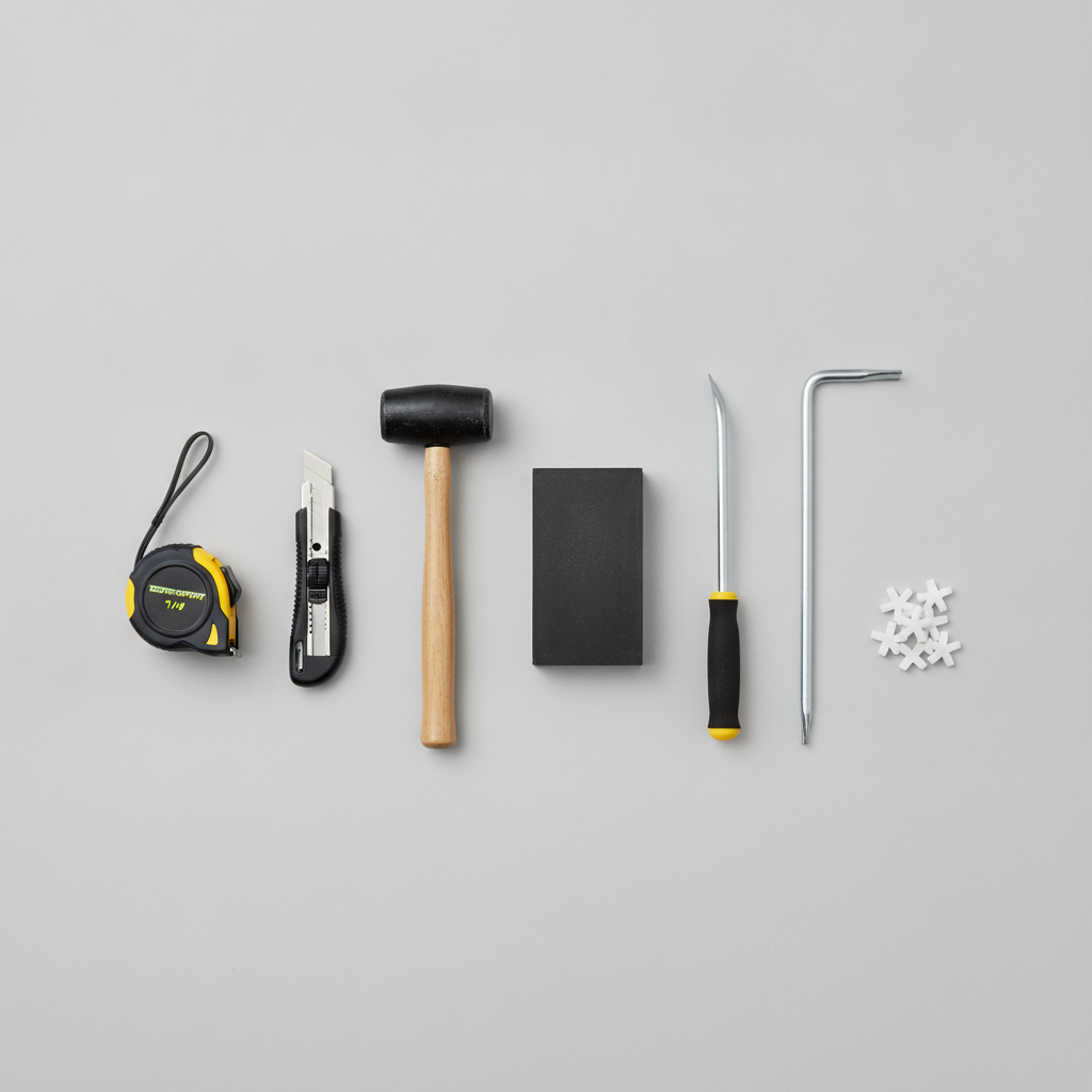 A clean, organized flat-lay of essential flooring installation tools on a light gray or white background. The shot should include a tape measure, utility knife, rubber mallet, a tapping block, a pull bar, and 1/4-inch spacers. The style should be photorealistic, bright, and well-lit, conveying a sense of preparedness and professionalism for a DIY project.