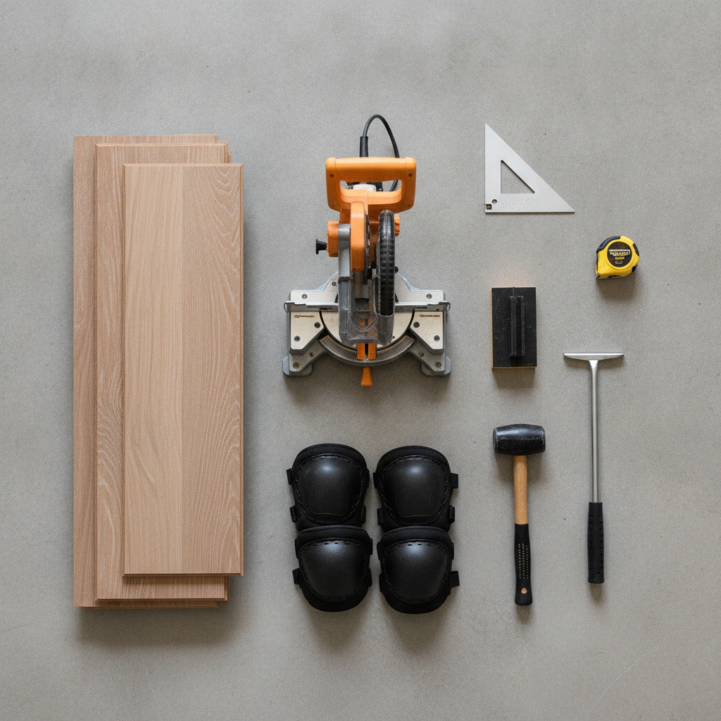 An overhead view of essential flooring installation tools including a miter saw, tapping block, and pull bar, arranged on a concrete floor.