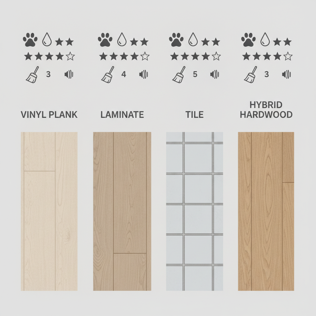 Infographic showing four flooring textures (vinyl, laminate, tile, hybrid hardwood) with icons and star ratings for pet-friendly criteria like scratch resistance and water resistance.