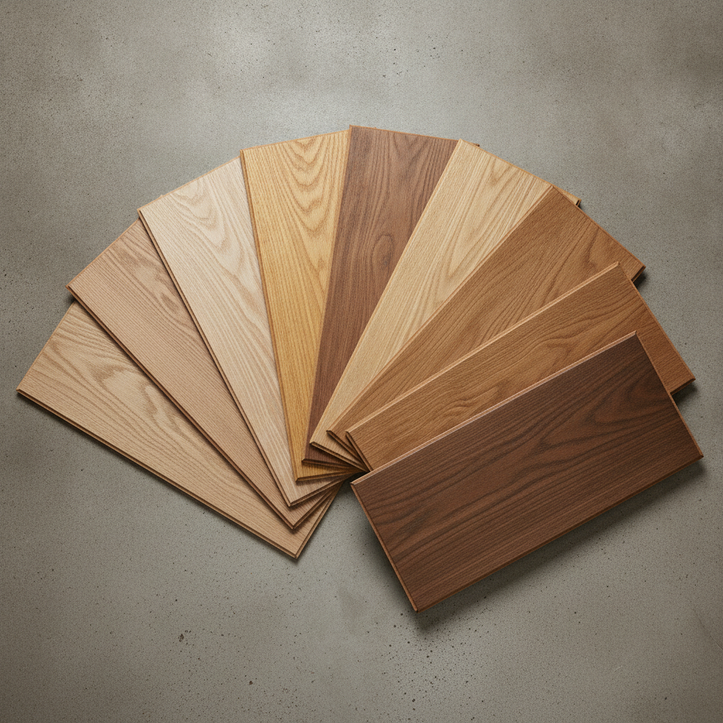 A top-down view of several waterproof hybrid hardwood floor samples, showcasing a variety of textures like wire-brushed and hand-scraped, and a range of colors from light to dark.