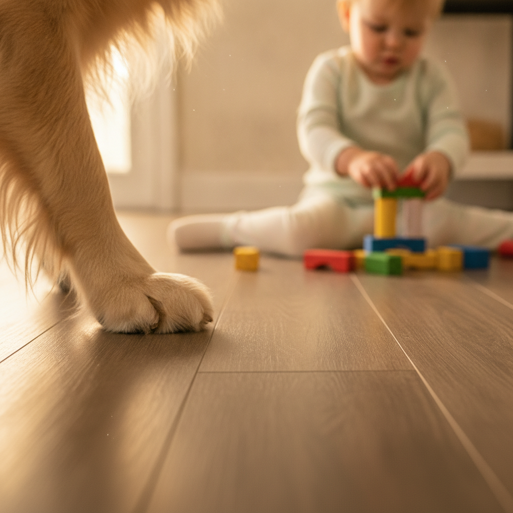 A durable LVP floor with a dog's paw resting on it and a child playing in the background, illustrating its suitability for families with pets and kids.