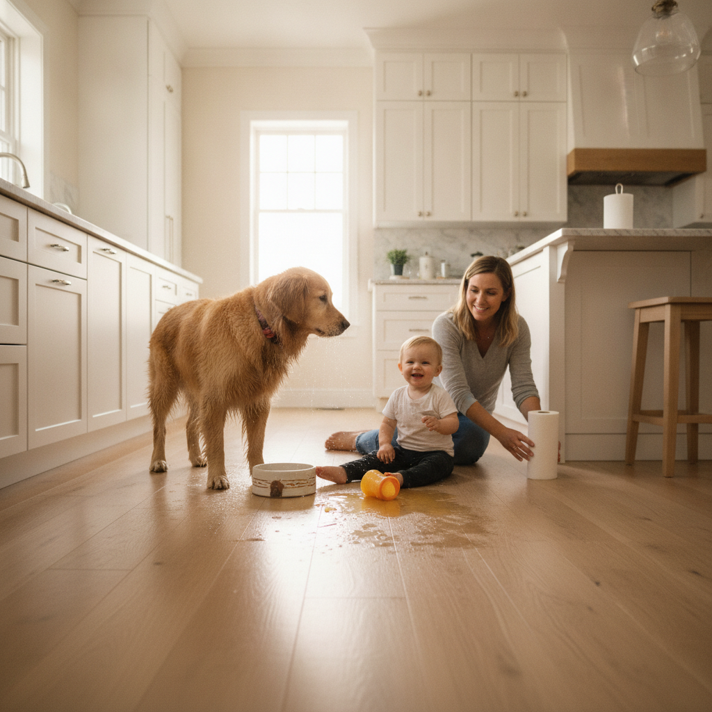 A warm kitchen scene where a golden retriever has shaken water on the light oak hybrid hardwood floor next to a toddler's spilled juice. The floor is unharmed, and a parent smiles calmly, showing the floor's resilience to real-life messes.