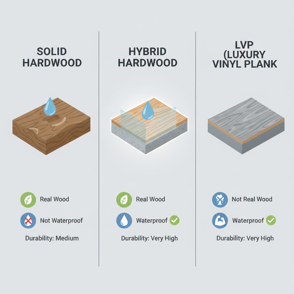 Infographic comparing Solid Hardwood (vulnerable to water), LVP (printed pattern), and Hybrid Hardwood (real wood top, waterproof core).