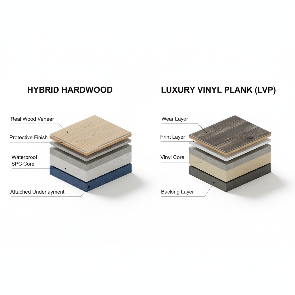A clean, educational 3D cross-section diagram comparing two flooring planks side-by-side on a minimalist white background. The left plank is labeled 'Hybrid Hardwood' and shows its layers: Real Wood Veneer, Protective Finish, Waterproof SPC Core, and Attached Underlayment. The right plank is labeled 'Luxury Vinyl Plank (LVP)' and shows its layers: Wear Layer, Print Layer, Vinyl Core, and Backing Layer. Style: modern infographic, 3D render, clear labels, slightly stylized but technically accurate.