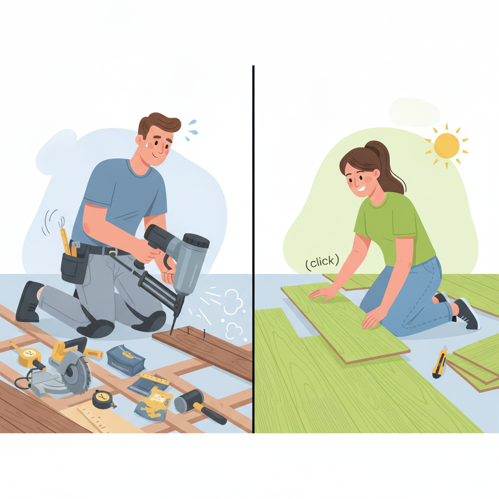 Flooring Installation: Professional vs. DIY Split-panel illustration contrasting complex professional hardwood installation with simple DIY click-lock hybrid floor installation.