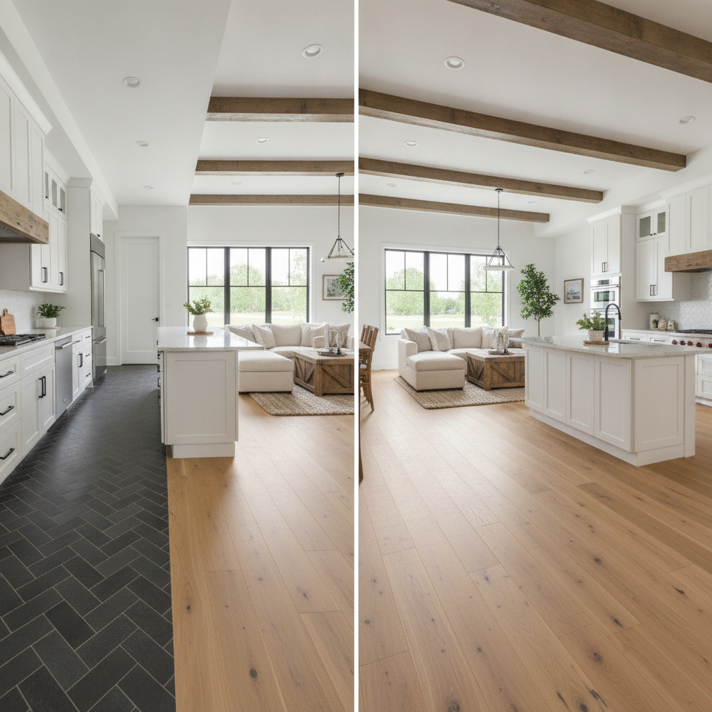 From Choppy to Cohesive Flooring A dramatic split-screen interior design shot. The left side shows a 'choppy' open-concept home with jarring transitions from dark tile in the kitchen to light hardwood in the living room, creating visual clutter and making the space feel small. The right side shows the exact same space transformed with a single, continuous light oak hybrid hardwood floor, creating a seamless, expansive, and harmonious flow.