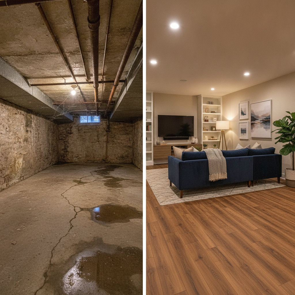A dramatic split-screen image showing a basement transformation. The left half depicts a dark, damp, unfinished basement with a cracked concrete floor. The right half shows the same space transformed into a bright, cozy family room with waterproof luxury vinyl plank flooring and comfortable furniture.