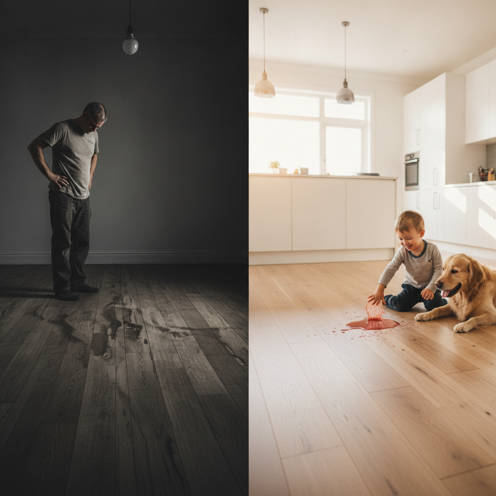 A split-screen comparison showing a warped traditional wood floor on the left and a pristine waterproof hybrid hardwood floor with a happy family on the right.